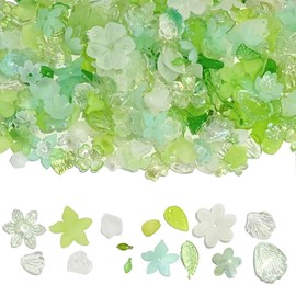 HERZWILD 150g Transparent Leaf Pendant Flower Pendant Clear Acrylic Green Charms Bead Caps Floral Pattern for DIY Jewellery Bracelet Necklace Earrings Plastic (Green White)