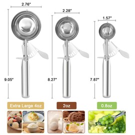 Cookie Scoops Set of 3 Ice Cream Scoop with Trigger 18/8 Stainless Steel, 3PCS Different Size Cupcake Scoop for Baking Mashed Potatoes Meatball Watermelon Muffin Batter Measuring (4oz + 2oz + 0.8oz)
