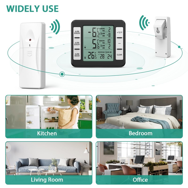 ORIA Refrigerator Thermometer, Wireless Digital Freezer Thermometer with 2 Wireless