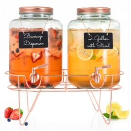 Ilyapa Rose Gold Double Glass Beverage Dispenser with Stand - 2 Gallon Large Drink Dispensers for Parties with Stainless Steel Spigot For Drinks