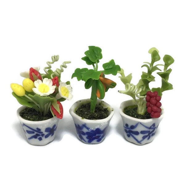 3pc Miniature Flower Clay Dollhouse Fairy Garden Mini Plant Trees Ceramic Paint Furniture Bundles Artificial Flowers Tiny Orchid #091