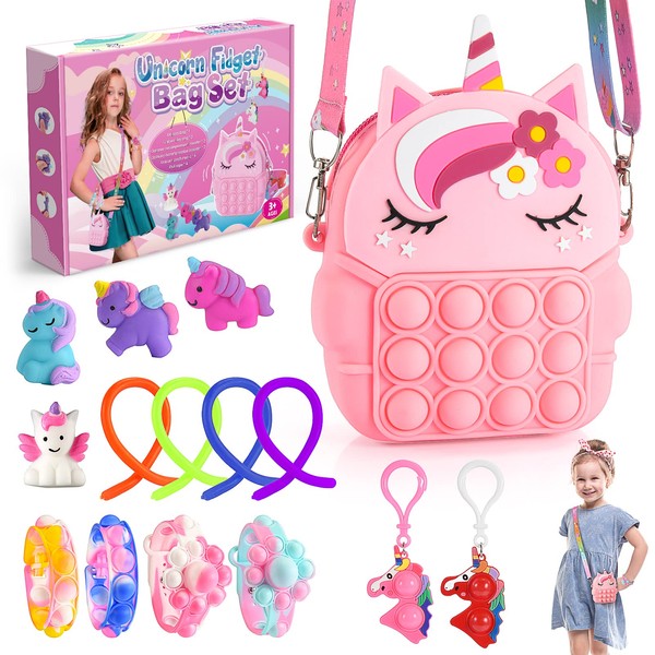 Diyfrety Gift Girls 3 4 5 6 7 8 9 10 Years, Fidget Set Toy from 2-9 Years Girls Pop It Bag Unicorn Toy Squishy Anti-Stress Toy Birthday Gift for Girls