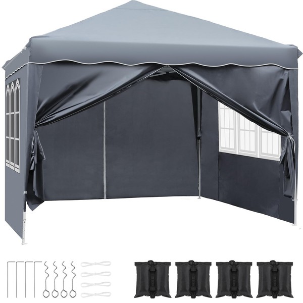 LIFERUN 3mx3m Garden Gazebo, Waterproof Pop Up Gazebo with 4 Sides, Event Shelters with Mesh Windows and Roller Bag, 8 Stakes, 4 Ropes, 4 Sandbags for Party, Camping - Grey