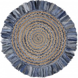 Homeroots 4' Blue And Beige Hand Woven Round Rug