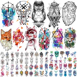 77 Sheets Geometric Animal Temporary Tattoo, 17 Sheets Half Arm 3D Lions Fox Wolf Owl Tiger Fake Tattoos for Adults Women Men, 60 Sheets Tiny Skull Cat Flower Tattoos Sticker for Kids Boy Girl