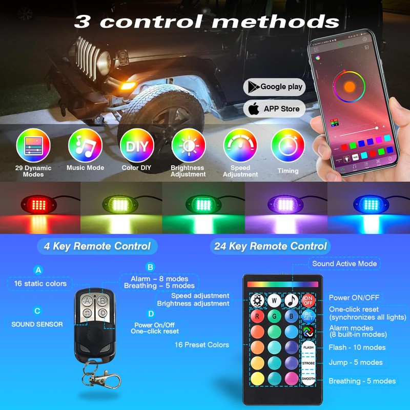 LD DARKEAGLE 8Pods RGB LED Rock Lights Kit with APP/RF