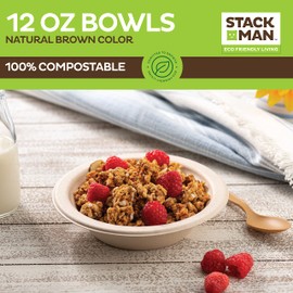 100% Compostable Paper Bowls 12 oz. [1000 Count] Heavy-Duty Soup Bowls - Natural Brown Color Unbleached Bagasse Bowls - Eco-Friendly Disposable Biodegradable Sugarcane - [Bulk Case 8/125 Pack]