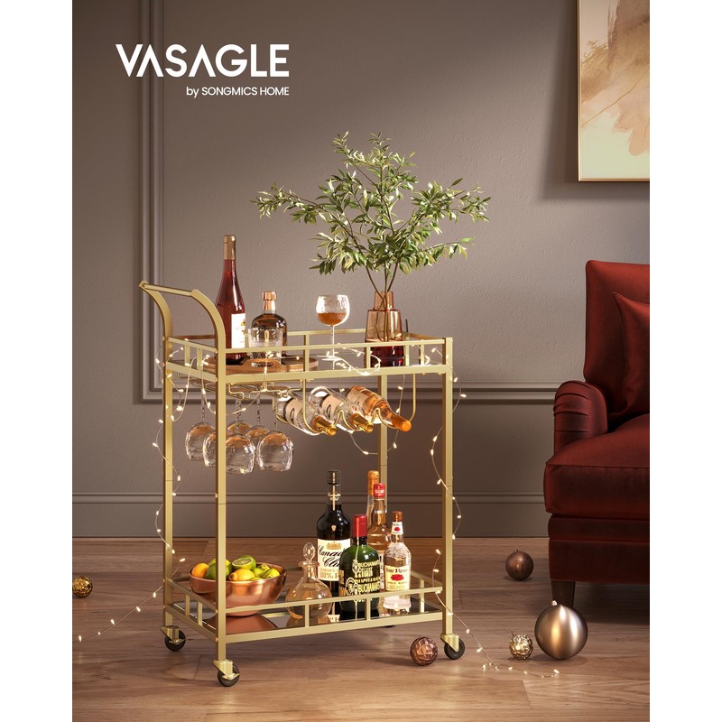 VASAGLE Bar Cart Gold, Home Bar Serving Cart, Wine Cart