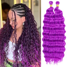 Eerya Long Curly Braiding Hair 18 Inch 2 Packs Purple Ocean Wave Crochet Hair for Black Women Deep Wave Braiding Hair for Boho Braids (18 inch, Purple)