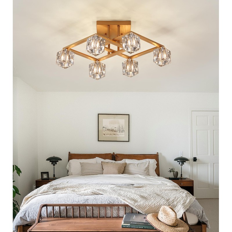 AMZASA Modern Crystal Chandelier,Gold Semi Flush Mount Ceiling Light Antique