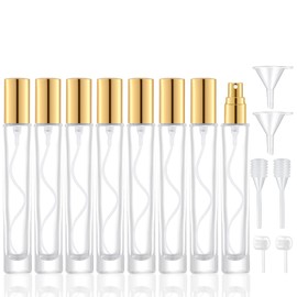 IRON BILL 10ml Mini Empty Perfume Atomizer Cylinder Shape Refillable Fine Mist Spray Bottle Portable Glass Sprayer Fragrance Bottle for Colognes,Sample（8 PCS, Gold)