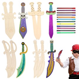 Pack of 12 DIY Wooden Swords for Children, Pirate Swords for Painting, Sword Children for Pirate Birthday, with 12 Coloured Pens for Birthday Parties, Pirate Theme Day, Pirate Party
