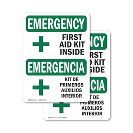 (2 Pack) First Aid Kit Inside Bilingual OSHA Emergency Sign 10 Inch X 14 Inch Vinyl Label Decal Sticker Weather Resistant, UV Protected for Workplace, Business, and Construction Site, Made in the USA