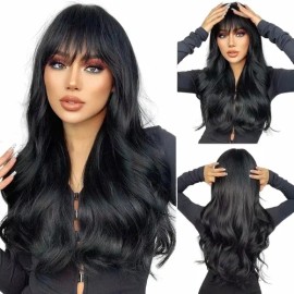 Peluca Larga Ondulada Natural Cabello Negro De Mujer Rizado