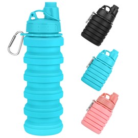 Sitanflex Collapsible Water Bottles, 16oz Reuseable BPA Free Silicone Foldable Water Bottle With Carabiner, Lightweight Leakproof Travel Water Bottle for Gym, Traveling, Camping, Hiking, Sports-Blue