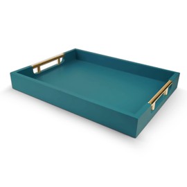 NELONY Wooden Decorative Coffee Table Tray, 16" Serving Tray with Handles, Matte Finish Decorative Tray, Ottoman Tray for Living Room, Perfume, Vanity Dresser Organizer (Teal Green)