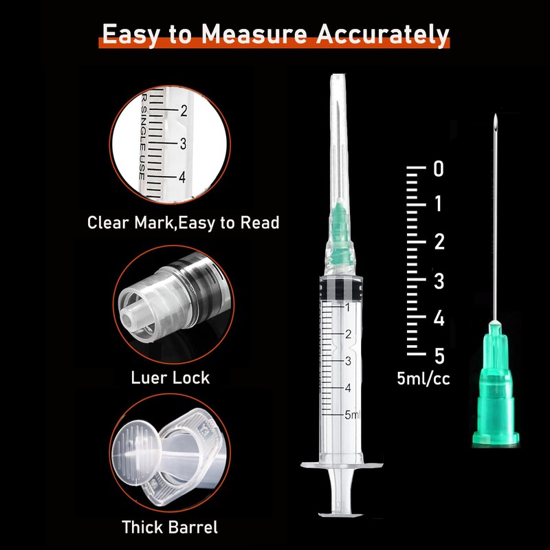 10 Pack 5ml/cc Disposable Luer Lock Lab Syringes with 21Ga