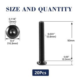 M5 x 50mm 20Pcs Flat Head Hex Socket Cap Screws Bolts, 304 Stainless Steel 18-8, Full Thread, Black Oxide by SG TZH (with Hex Spanner)