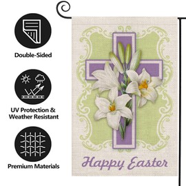 Texupday Happy Easter Religious Cross Lilies Decoration Spring Double Sided Vertical Burlap Garden Flag Rustic Holiday Party Outdoor Yard Banner 12" x 18"