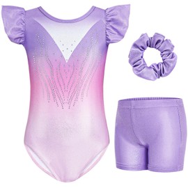 Gogokids Girls' 3-Piece Flutter Sleeve Gymnastics Set - Children's Gymnastics Jerseys with Colour Gradient Sequins & Glitter Design, Gymnastics Costume Set Includes Jersey, Shorts and Headband for