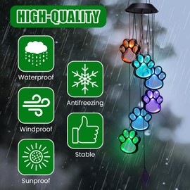 Chunful Paw Print Solar Wind Chimes for Outside Dog Cat Pet Pawprint Remembrance Wind Chimes Waterproof Color Changing Solar Hanging Lights Sympathy Gift for Pets Lovers Balcony Patio Yard Decorations