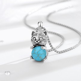 INFUSEU Crystal Cat Pendant Necklace, Turquoise Spherical Crystals Necklace with Cat Healing Animal Jewelry Gothic Crystal Gift for Women and Girls