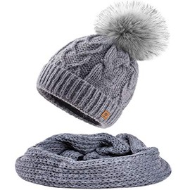 MFAZ Morefaz Ltd Women's Winter Beanie Hat & Scarf Knitted Hat Mohair Wool Braided Fleece Bobble Pom Pom, Grey Hat & Scarf