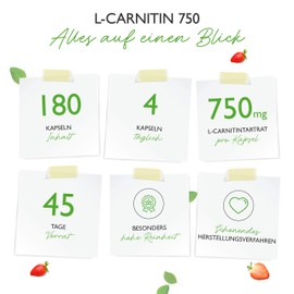 L-Carnitine - 180 Vegan Capsules - High Dose with 3000 mg per Daily Serving - Premium: 100% L-Carnitine Tartrate without Additives - Laboratory Tested