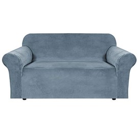 H.VERSAILTEX Stretch Velvet Sofa Covers for 3 Cushion Couch Covers Sofa Slipcovers with Non Slip Straps Underneath The Furniture, Crafted from Thick Comfy Rich Velour (Sofa 72"-96", Stone Blue)