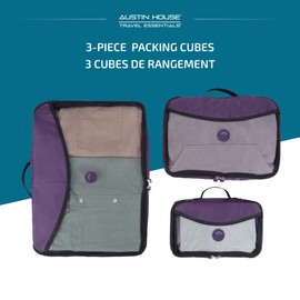Austin House Travel Essentials Packing Cubes For Luggage — Set Of Three To Organize Your Suitcase, With Mesh Ventilation And Carry Handle, Zippered, Washable — Purple