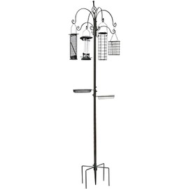 BTEXPERT 6-Hook Bird Bath Feeding Station Kit, 4 Wild Bird Multi Feeders Pole Steel Hanging Stand Planter Suet Wire Peanut Tube Feeder Attract Birds 22" Wide x 96" Tall Mesh Tray 5-Prong Base Bronze