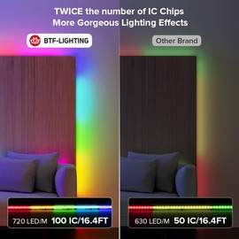 BTF-LIGHTING FCOB WS2811 IC RGB COB LED Strip DC24V 720LED/m 24FT Flexible High Density Uniform Chasing Color Light 20IC/m 12mm Width Dream Color LED Tape Black PCB(No Adapter or Controller)