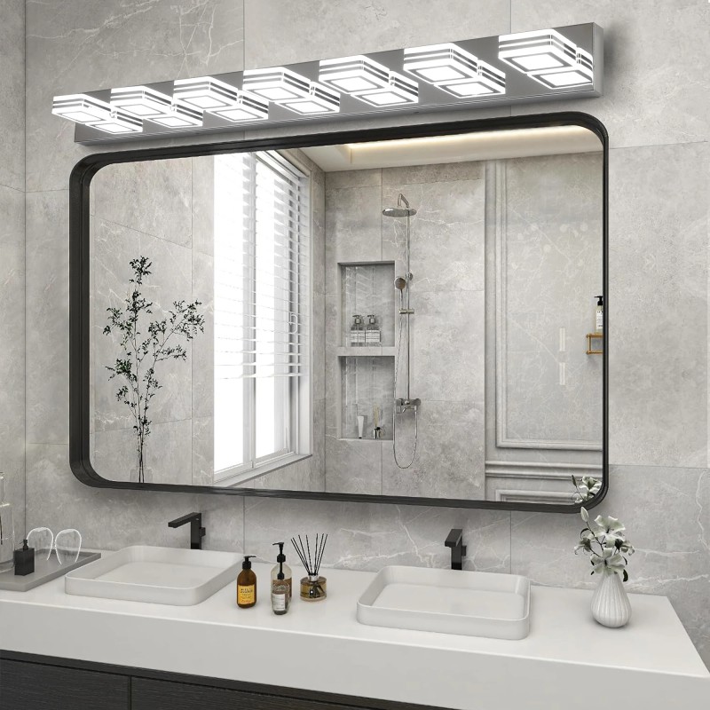 Ship in US,45" Modern Chrome 7-Light LED Vanity Light, Square