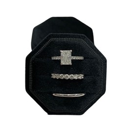 Engagement Ring Box Premium 3 Slot Octagon Wedding Ring Jewelry Box Vintage Velvet Ring Jewelry Box for Engagement & Wedding Ceremony Velvet Ring Box for Jewelry Display Ring Storage (Black)