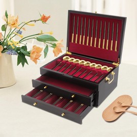 YUYFCC 3-Tier Silverware Storage Box Wooden Silverware Chest Vintage Flatware Storage Case Organizer with Handle for Home Restaurants Hotel Utensils, Black & Red