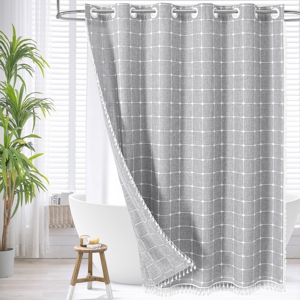 MitoVilla No Hooks Needed Boho Farmhouse Shower Curtain with Snap-in