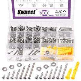 Swpeet 300 Pieces #6 x 3/8 Inch 5/8 Inch 3/4 Inch 1 1/4 Inch 1-3/8 Inch 1-1/2 Inch 304 Stainless Steel Flat Head and Flat Head Quick Self Tapping Dry Wall Screws OD Screws Self Tapping Screws