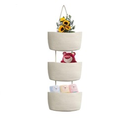 Sonhomay Hanging Storage Baskets 3-Tier Over the Door Hanging Basket Cotton Rope Woven Wall Hanging Organiser for Living Room Bathroom Bedroom