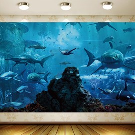 MHLSWY 7x5FT Shark Under The Sea World Photo Backdrop Aquarium Reef Photography Background Banner Polyester Fabric Studio Props Booth Video Shooting Decorations Supplies