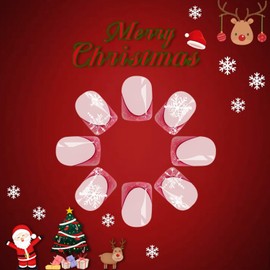 Christmas Press on Nails Short Square French Tip Fake Nails Red & Nude False Nails with Designs White Snowflake Winter Glossy Glue on Nails Xmas Acrylic Nails for Women Girls 24 Pcs