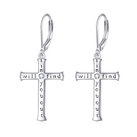 Cross Earrings for Women Sterling Silver Cross Jewellery “Sin Will Find You Out” Baptismal Gifts for Women Girls