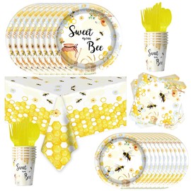 81Pcs Bee Baby Shower Decorations Tableware - Bee Birthday Party Supplies,Bee Party Plates, Napkins And Knives, Forks And Spoon,Bee Party Decorations for Baby Shower,Happy Bee Day