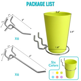 Pegboard Hooks Cups Accessories - 18 Pack Pegboard Display 2 & 4 inch Flat Brackets Small Hanging Cups for 1/8" 1/4" Peg Board - Tool Organizer Hangers for Garage Craft (6 Colorful Cups & 12 Hooks)