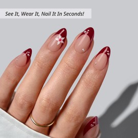 BTArtbox Press On Nails Short - Rococo Bloom, Red 3D Flower Pearl Almond French Tip Press On Nails with Glue and Adhesive Tabs for Women, Soft Gel Glue On Nails in 16 Sizes - 32 Stick On Nails Kit