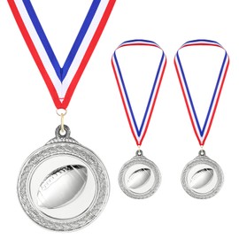 PATIKIL 2" Silver Rugby Medals, 3 Pack Rugby Award Medals with Ribbon Red White for Games Sports Competitions