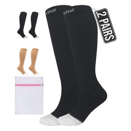 360 RELIEF 2 Pairs Compression Socks for Women & Men - Open Toe Graduated Compression Stockings, Flight Socks, Running, Nurses, Maternity, Pregnancy, L/XL, Black + Laundry Bag