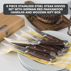 Viking Steak Knife Set, 6 Piece Stainless Steel Kitchen Knives Set with German Pakkawood Handles, Includes Wooden Gift Box, Hand Wash Only, Red