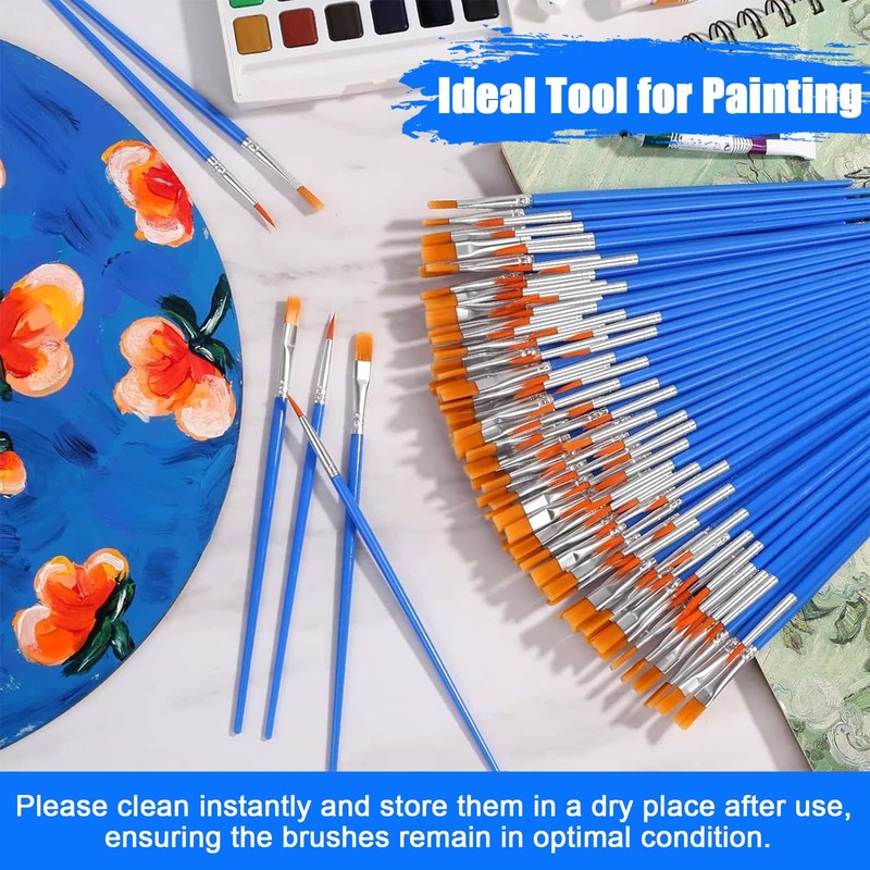 60Pcs Professional Paint Brush Set - Flat and Round Fine-Tip