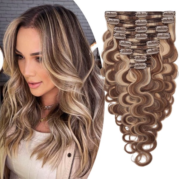 Clip-In Real Hair Extensions Double Weft Hair Extensions Wavy Hair Pieces 8 Wefts Heat Resistant Natural Medium Brown/Honey Blonde #4p27 18 Inches (45 cm) – 245 g