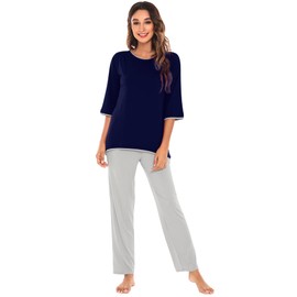 WiWi Womens 3/4 Sleeve Pajamas Set Soft Viscose from Bamboo Top with Pants Sleepwear Plus Size Lightweight Pjs S-4X, Navy+Light Grey, Large
